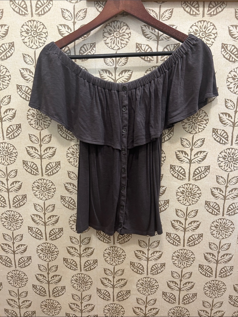 American Eagle Outfitters Off-Shoulder Button-Front Blouse - Charcoal Gray